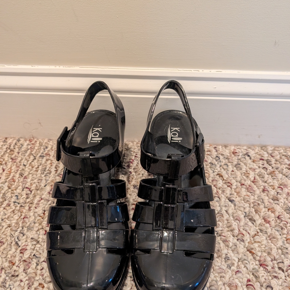 Black Patent Jelly Sandals - Women's Strappy Block Heel - Picture 2 of 5